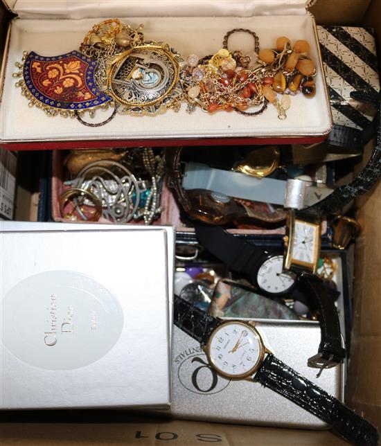 A collection of mixed costume jewellery and assorted watches.
